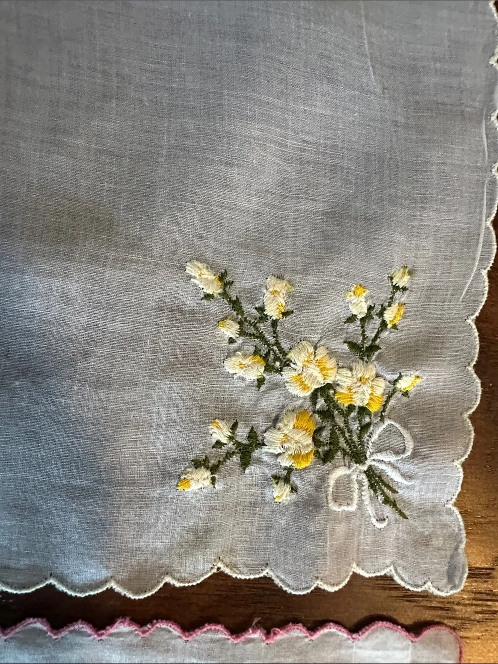 Vintage Set of 4 Embroidered Linen hankies with Yellow and Pink Accents